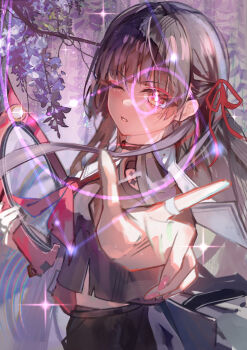 1girl absurdres black_hair black_shirt black_skirt chisa_(wuthering_waves) commentary_request fingernails golden_spiral hair_ribbon highres holding holding_sword holding_weapon ju_za_jiang long_hair looking_at_viewer neckerchief one_eye_closed outstretched_arm parted_lips pink_nails red_eyes red_neckerchief red_ribbon ribbon sailor_collar shirt skirt solo sword weapon white_sailor_collar wuthering_waves