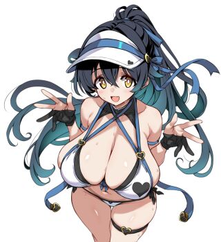 1girl aqua_hair artist_glove bikini black_bow black_gloves blue_hair blue_ribbon blush bow breasts breasts_day cleavage collarbone cowboy_shot criss-cross_halter crossed_bangs earrings from_above gloves good_breasts_day gradient_hair hair_between_eyes hair_intakes halterneck hands_up hashtag-only_commentary hat heart highres hirowa_nagi huge_breasts jewelry long_hair looking_at_viewer motion_lines multicolored_hair navel open_hands open_mouth original partially_fingerless_gloves ponytail ribbon simple_background skindentation solo sweat swimsuit textless_version thigh_strap very_long_hair very_sweaty visor_cap white_background white_bikini white_hat yellow_eyes zipper