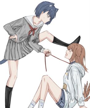>_< 2girls animal_ears black_socks blood blue_eyes cat_ears cat_girl cat_tail collar dog_ears dog_girl dog_tail grey_serafuku hanasato_minori hand_on_own_hip highres holding holding_leash hood hoodie kemonomimi_mode kiritani_haruka leash miyamasuzaka_girls'_academy_school_uniform multiple_girls neckerchief nosebleed orange_hair project_sekai red_neckerchief sailor_collar school_uniform serafuku short_hair simple_background socks sweatdrop sxz3a tail tail_wagging white_background white_hoodie white_sailor_collar yuri