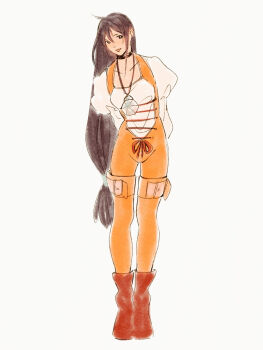 Rule 34 | 1girl, arms behind back, black choker, bodysuit, boots, breasts, brown hair, choker, crystal, final fantasy, final fantasy ix, full body, garnet til alexandros xvii, hair between eyes, hair ornament, hairclip, highres, jewelry, juliet sleeves, long hair, long sleeves, looking at viewer, low-tied long hair, medium breasts, mmariesr, orange bodysuit, parted lips, pendant, puffy sleeves, red boots, shirt, smile, solo, standing, thigh strap, white background, white shirt