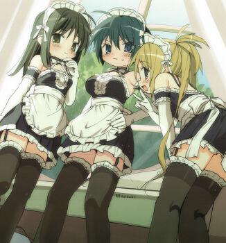3girls :/ :d apron artist_name black_thighhighs blonde_hair blue_eyes blue_hair blush bow breasts commentary cowboy_shot curtains d_omm detached_collar dress elbow_gloves frilled_apron frilled_thighhighs frills garter_straps gloves green_eyes green_hair hand_on_own_hip highres indoors kore_ga_watashi_no_goshujin-sama kurauchi_anna leaning_forward long_hair looking_at_viewer maid maid_headdress medium_breasts multiple_girls muntins nakabayashi_yoshitaka's_maid_uniform open_mouth sawatari_izumi sawatari_mitsuki short_hair siblings sisters sleeveless sleeveless_dress smile standing thighhighs thighs twintails twitter_username waist_apron white_apron white_bow white_gloves window yellow_eyes