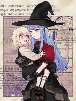 2girls :d age_difference aged_down ascot back_bow bang_dream! bang_dream!_it's_mygo!!!!! belt black_ascot black_belt black_bow black_corset black_hat black_ribbon black_shorts black_skirt black_vest black_wrist_cuffs blonde_hair blue_gemstone blue_hair blush bob_cut bookshelf bow brick_wall brooch brown_shoes carrying carrying_person child child_carry closed_mouth corset crossed_bangs doloris_(bang_dream!) earrings eye_contact face-to-face frilled_wrist_cuffs frills gem gloves grey_gloves hair_ribbon hand_on_another's_ass hand_on_another's_back hat highres jewelry layered_skirt legwear_garter light_smile long_hair long_sidelocks long_sleeves looking_at_another misumi_uika monochrome_background multiple_girls muntins oblivionis_(bang_dream!) onee-loli open_mouth outline penguinbu plant potted_plant puffy_short_sleeves puffy_sleeves purple_eyes red_shirt ribbon runes shirt shoe_soles shoes short_hair short_sleeves shorts sidelocks skirt smile socks text_background togawa_sakiko upper_body vest white_outline white_socks window witch witch_hat wrist_cuffs yellow_eyes