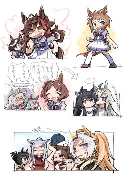 Rule 34 | 6+girls, :d, ?, ^ ^, ahoge, animal ears, arrow (symbol), baseball cap, beer hsk, biko pegasus (umamusume), biwa hayahide (umamusume), black hair, blue eyes, blue hat, bow, braid, brown eyes, brown hair, brown shoes, chibi, closed eyes, dress, eyepatch, faceless, faceless female, folded ponytail, forehead, glasses, gold ship (umamusume), green eyes, grey hair, grey jacket, hair over one eye, hat, highres, holding, holding unworn clothes, holding unworn hat, horse ears, horse girl, horse tail, jacket, kin'iro ryotei (umamusume), long hair, multicolored hair, multiple girls, nakayama festa (umamusume), narita brian (umamusume), no reason (umamusume), oguri cap (umamusume), open mouth, orfevre (umamusume), parted bangs, pleated skirt, ponytail, puffy short sleeves, puffy sleeves, purple bow, purple shirt, red-framed eyewear, red dress, sakura laurel (umamusume), school uniform, shaded face, shared speech bubble, shirt, shoes, short hair, short sleeves, skirt, sleeveless, sleeveless dress, smile, speech bubble, spoken question mark, standing, star (symbol), streaked hair, tail, tamamo cross (umamusume), tanino gimlet (umamusume), thighhighs, tracen school uniform, translation request, two-tone hair, umamusume, unworn hat, unworn headwear, v-shaped eyebrows, very long hair, white hair, white shirt, white skirt, white thighhighs