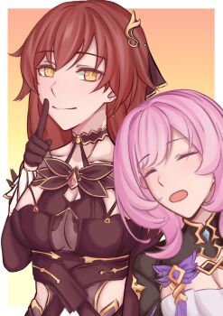 Rule 34 | absurdres, black dress, black gloves, breasts, brown hair, cleavage, closed eyes, commentary request, corset, dress, eden (honkai impact), elysia (honkai impact), elysia (miss pink elf) (honkai impact), finger to mouth, gloves, head on another's shoulder, highres, honkai (series), honkai impact 3rd, korean commentary, large breasts, long hair, looking at viewer, open clothes, orange background, pink hair, pyeong il, shushing, simple background, sleeping, very long hair, white corset, yellow background