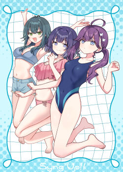 absurdres ahoge bikini blue_eyes blue_hair chiune_(yachi) gakuen_idolmaster green_eyes green_hair hataya_misuzu highres idolmaster jumping kaya_rinha long_hair mole mole_under_mouth one-piece_swimsuit purple_hair short_hair shorts swimsuit syngup!_(idolmaster) tsukimura_temari twintails