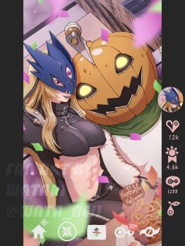1girl beelstarmon black_coat black_gloves black_pants blonde_hair breasts coat digimon digimon_(creature) digimon_story:_time_stranger eye_mask gloves highres large_breasts long_hair mask navel pants simple_background third_eye underboob wata_neji