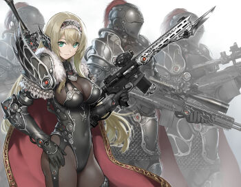 1girl 3others ar-15 armor assault_rifle battle_rifle black_gloves black_hairband black_leotard blonde_hair bodystocking breasts cape closed_mouth commentary_request covered_navel cowboy_shot elbow_gloves frilled_hairband frills full_armor fur-trimmed_cape fur_trim garter_straps gloves green_eyes gun hairband hand_on_own_hip helmet highres hiyashiru holding holding_gun holding_weapon impossible_clothes impossible_leotard knight large_breasts leotard long_hair looking_at_viewer m14 mk_14_ebr multiple_others original red_cape rifle shoulder_armor simple_background smile sniper_rifle solo_focus standing sword trigger_discipline very_long_hair weapon weapon_on_back white_background
