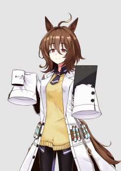 1girl agnes_tachyon_(tach-nology)_(umamusume) agnes_tachyon_(umamusume) ahoge animal_ears black_necktie black_pantyhose brown_hair clipboard cup equation fumiomiomi grey_background highres holding holding_clipboard holding_cup horse_ears horse_girl horse_tail lab_coat long_sleeves medium_hair messy_hair necktie pantyhose physics red_eyes short_necktie sleeves_past_fingers sleeves_past_wrists solo sweater tail test_tube umamusume yellow_sweater zipper zipper_pull_tab
