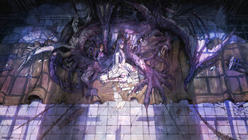 1girl 2022 absurdly_long_hair arthropod_limbs artist_name black_hair black_sclera body_horror book breasts broken brown_eyes brown_fur cape chimera clawed_feet clawed_hands colored_sclera colored_skin commentary commentary_request crack cracked_floor crying crying_with_eyes_open dated debris dragon_horns dragon_tail dragon_wings dress english_commentary extra_arms extra_eyes extra_legs extra_mouth feathered_wings from_above full_body heterochromia highres hooves horns lealla_agasthi letter long_hair looking_at_viewer medium_breasts mismatched_arms mismatched_pupils mismatched_sclera mixed-language_commentary monster_girl monsterification multicolored_skin mutation navel original paper_stack photo_(object) purple_claws purple_skin red_carpet red_eyes rock scroll sinlaire sitting stomach stone_floor stool sunlight tail tears tile_floor tiles transformation veins very_long_hair wariza white_cape white_dress window_shadow wings
