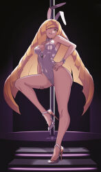 Rule 34 | 1girl, animal ears, blonde hair, breasts, fake animal ears, full body, green eyes, grin, hand on own hip, hand on thigh, high heels, legs, long hair, looking at viewer, lusamine (pokemon), mature female, ornament, pokemon, pokemon (anime), pokemon sm, pokemon sm (anime), pole, rabbit ears, seductive smile, smile, solo, stripper pole, thighs, very long hair, vivivoovoo