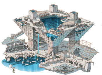 1boy abandoned arm_up backpack bag brown_hair brown_hat brown_pants commentary_request dilapidated floor hat highres original pants pillar post-apocalypse ruins shirt solo tokyo_big_sight tokyogenso translation_request water waterfall white_background white_shirt wide_shot