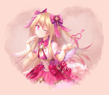 1girl bad_id bad_twitter_id blonde_hair chaos_marie_(grimms_notes) closed_mouth grimms_notes long_hair looking_at_viewer one_eye_closed signature solo unajiru upper_body