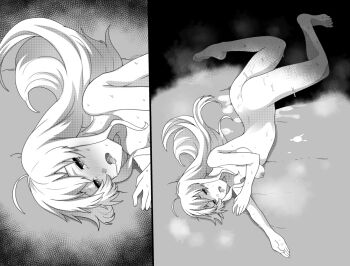 1girl after_rape ass bad_end barefoot blush breasts crying cum cum_in_pussy cum_on_floor defeat feet goblin_slayer! lying monochrome nipples nude on_side priestess_(goblin_slayer!) rape sad solo sweat tears toes tongue tongue_out traumatized ygdm