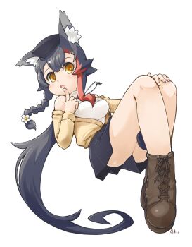 Rule 34 | :o, animal ear fluff, animal ears, asymmetrical sidelocks, bare shoulders, beret, black hair, black hat, black skirt, boots, braid, braided sidelock, breasts, brown boots, brown cardigan, cardigan, commentary request, double-parted bangs, finger to own chin, fingernails, foreshortening, full body, hair ornament, hairclip, halter shirt, halterneck, hand on own knee, hat, highres, hololive, index finger raised, jewelry, kaerun, lace-up boots, long hair, long sidelocks, low ponytail, medium breasts, miniskirt, necklace, off shoulder, official alternate costume, official alternate hairstyle, ookami mio, ookami mio (street), open cardigan, open clothes, ponytail, reclining, red streaks, shirt, side braid, sidelocks, silver necklace, simple background, single hair streak, skirt, sleeveless, sleeveless shirt, tail, tail around own leg, tail wrap, very long hair, virtual youtuber, white background, white shirt, wolf ears, wolf girl, wolf tail, yellow eyes