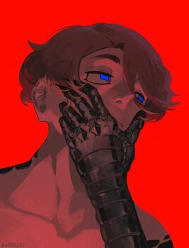 1boy artist_name blue_eyes bored brown_hair clenched_teeth collarbone commentary elliot_(par0llel) english_commentary film_grain from_below glowing glowing_eyes hand_on_own_chin hand_up highres looking_to_the_side male_focus mechanical_arms nude original par0llel red_background short_hair shoulder_tattoo solo swept_bangs tattoo teeth thick_eyebrows