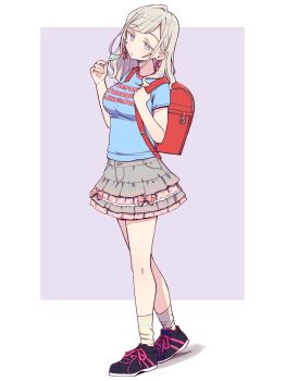 1girl absurdres alternate_costume backpack bag black_shoes blue_eyes blue_shirt blush breasts candy ceras_yanagida_lilienfeld character_name clothes_writing colored_eyelashes food grey_hair grey_skirt grey_socks heart heart-shaped_food heart-shaped_lollipop highres holding holding_candy holding_food holding_lollipop holding_strap jojifuku large_breasts love_live!_hasu_no_sora_jogakuin_school_idol_club lollipop long_hair love_live! miniskirt randoseru red_bag rickhime38 shaped_lollipop shirt shoes short_sleeves skirt sneakers socks solo standing virtual_youtuber