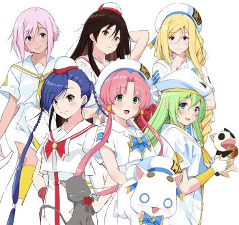 6+girls :d aika_granzchesta akira_ferrari alice_carroll alicia_florence andanden animal aria_(manga) aria_company_uniform aria_pokoteng arm_up asymmetrical_bangs athena_glory beret black_cat blonde_hair blue_bow blue_bowtie blue_eyes blue_hair blue_ribbon blush bow bowtie braid braided_ponytail breasts brown_eyes brown_hair cat closed_mouth collarbone cowboy_shot dark-skinned_female dark_skin dress fingerless_gloves gloves gold_trim green_eyes green_hair hair_between_eyes hair_tubes hand_up hat hat_ribbon highres hime_granzchesta himeya_company_uniform holding holding_animal holding_cat impossible_clothes impossible_dress long_hair looking_at_viewer mizunashi_akari multiple_girls neckerchief open_mouth orange_planet_uniform parted_bangs pink_hair president_maa purple_eyes red_bow red_hat ribbon sailor_collar short_hair_with_long_locks side_slit simple_background small_breasts smile swept_bangs twin_braids two-tone_hat very_long_hair white_background white_cat white_dress white_hat yellow_neckerchief