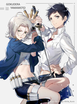 2girls bandages bandages_around_chest black_hair dynamite ekita_kuro explosive genderswap genderswap_(mtf) gokudera_hayato green_eyes grey_eyes highres katekyo_hitman_reborn! multiple_girls simple_background sword weapon white_hair yamamoto_takeshi