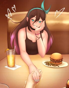 1boy 1girl :d absurdres aubrey_(faraway)_(omori) aubrey_(omori) bare_arms bare_shoulders black_camisole black_choker blue_eyes blue_hairband blue_nails blush booth_seating bow_hairband bracelet breasts bright_pupils brown_background brown_hair burger cabronpr camisole choker collarbone commentary cup double-parted_bangs drinking_straw ear_piercing elbow_on_table english_commentary film_grain fingernails food french_fries fruit glass gradient_hair grin hair_between_eyes hairband hand_on_own_cheek hand_on_own_face hand_up heart highres holding_hands jewelry juice long_hair multicolored_hair nail_polish no_sclera omori open_mouth orange_(fruit) orange_juice orange_slice piercing pink_hair plate pov pov_hands restaurant sidelocks simple_background sitting small_breasts smile solo_focus sunny_(omori) table trembling two-tone_hair upper_body v-shaped_eyebrows very_long_hair white_pupils