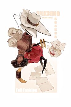 Rule 34 | 1girl, absurdres, arthropod girl, artist name, bag, belt, black bag, black belt, border, bow, bowtie, bracelet, brown sweater, character name, commentary, copyright name, english text, film grain, flea (hollow knight), from above, gold bracelet, gradient background, halftone, hat, hat belt, hat feather, highres, hightguy, holding, holding bag, hollow eyes, hollow knight, hollow knight: silksong, invisible chair, jewelry, juliet sleeves, long sleeves, looking down, medium skirt, outside border, paper, puffy sleeves, red bow, red bowtie, red skirt, ribbed sweater, rolled up paper, shakra (hollow knight), simple background, sitting, skirt, solo, sweater, symbol-only commentary, traditional bowtie, turtleneck, turtleneck sweater, two-tone background, white background, white border, white hat, white mask, yellow background