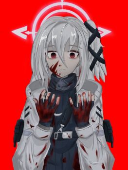 1girl alternate_costume artist_request black_gloves blood blood_on_clothes blood_on_face blue_archive closed_mouth fingerless_gloves gloves grey_hair hair_between_eyes halo head_wings highres long_hair long_sleeves red_eyes single_head_wing solo suzumi_(blue_archive) tagme universe very_long_hair wings