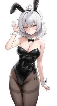 1girl absurdres ahoge animal_ears bare_shoulders black_hairband black_leotard bow bowtie breasts brown_pantyhose cleavage commission covered_navel cowboy_shot detached_collar fake_animal_ears frown grey_eyes hair_between_eyes hairband hand_up highleg highleg_leotard highres leotard looking_at_viewer medium_breasts muhae_(dcnh8882) original pantyhose parted_lips playboy_bunny rabbit_ears short_hair side-tie_leotard simple_background solo strapless strapless_leotard thighband_pantyhose white_background white_hair wrist_cuffs