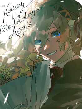 1girl aigis_(persona) android black_jacket blonde_hair blue_eyes bouquet bow character_name commentary_request double-parted_bangs flower gekkoukan_high_school_uniform gold_hairband hair_between_eyes hairband happy_birthday highres holding holding_bouquet jacket looking_at_viewer miramintkurun persona persona_3 red_bow red_flower robot_ears school_uniform short_hair simple_background smile solo teeth upper_body white_background yellow_flower