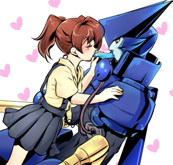Rule 34 | 1boy, 1girl, android, asagi marin, black skirt, blue skin, blush, brigadoon, brown hair, colored skin, closed eyes, hand on another's shoulder, heart, hetero, looking at another, melan blue, niku (amikoto), pleated skirt, ponytail, red eyes, shared food, shirt, short hair, simple background, skirt, suspenders, yellow shirt