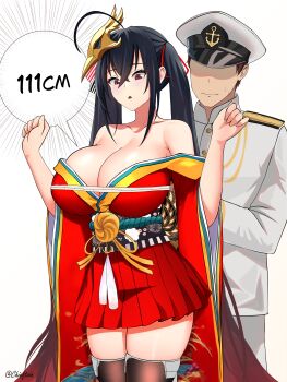 1boy 1girl absurdres ahoge aiguillette artist_name azur_lane bare_shoulders black_hair black_thighhighs blush breasts brown_hair bust_measuring chieftain_art13 cleavage closed_mouth collarbone commander_(azur_lane) commentary cowboy_shot crossed_bangs english_commentary faceless faceless_male hair_between_eyes hands_up hat highres huge_ahoge huge_breasts jacket japanese_clothes kimono long_hair long_sleeves looking_down mask mask_on_head measuring military_hat military_uniform naval_uniform obi off_shoulder pants peaked_cap red_eyes red_kimono red_ribbon ribbon sash short_hair sidelocks simple_background skindentation standing taihou_(azur_lane) tape_measure thighhighs twintails very_long_hair white_background white_hat white_jacket white_pants wide_sleeves zettai_ryouiki