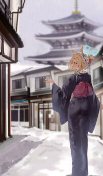 1girl animal_ear_fluff animal_ears architecture black_kimono blonde_hair blue_archive blue_eyes blue_halo commentary_request diksiuw dog_ears dog_girl east_asian_architecture extra_ears feet_out_of_frame flower from_behind grey_sky hair_flower hair_ornament hair_over_one_eye halo hand_up highres japanese_clothes kanna_(blue_archive) kimono looking_to_the_side new_year notched_ear obi outdoors pagoda parted_lips print_kimono sash sharp_teeth sky snow snowing solo teeth updo white_flower