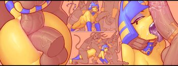 1girl 3futa anal anal_destruction ancient_egyptian animal_crossing animal_ears ankha_(animal_crossing) ass blue_hair breasts cat_ears cat_girl cat_tail colored_skin demimond23 disembodied_penis double_anal fellatio furry furry_female furry_with_furry futa_with_female futanari gangbang group_sex hair_ornament half-closed_eyes highres huge_penis kneeling large_breasts licking licking_penis multiple_anal multiple_futa nintendo nipples nude open_mouth oral penis pink_eyes sex sex_from_behind short_hair tail teeth testicles tongue tongue_out uncensored yellow_skin