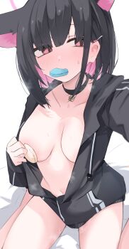 1girl animal_ears black_choker black_hair black_hoodie blue_archive blush breasts cat_ears cat_girl choker collarbone colored_inner_hair commentary food food_in_mouth food_on_body food_on_breasts halo highres hood hood_down hoodie kazusa_(blue_archive) large_breasts looking_away looking_to_the_side macaron medium_hair mikozin mouth_hold multicolored_hair navel open_clothes open_hoodie outstretched_arm paid_reward_available partially_unzipped pendant_choker pink_eyes pink_hair pink_halo pussy_juice selfie sidelocks sitting solo sweat two-tone_hair wariza white_background