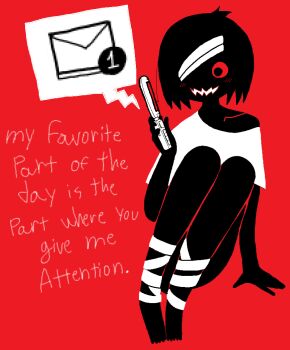 Rule 34 | 1girl, absurdres, bandage over one eye, bandaged leg, bandages, barefoot, black eyes, black skin, blush, cellphone, chewchewer, collarbone, colored sclera, colored skin, commentary, english commentary, english text, flip phone, hand on floor, highres, holding, holding phone, microsoft paint (medium), monster girl, notification, open mouth, original, phone, red background, red sclera, shirt, short hair, simple background, sitting, solo, speech bubble, wavy mouth