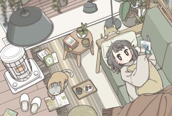 1girl book brown_theme cat chair commentary_request cookie flower_pot food from_above hanging_plant highres indoors lamp looking_at_viewer lying moffmachi original plant potted_plant reading rug shelf slice_of_life slippers space_heater table window