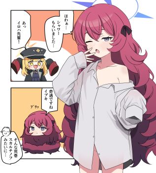 1boy 2girls absurdres aventador black_hat blonde_hair blue_archive boyfriend's_shirt collarbone collared_shirt comic doodle_sensei_(blue_archive) dress_shirt flat_chest fluffy_hair grey_eyes halo hat highres ibuki_(blue_archive) iroha_(blue_archive) loli long_hair looking_at_viewer multiple_girls naked_shirt off_shoulder one_eye_closed open_mouth peaked_cap purple_halo red_hair sensei_(blue_archive) shirt side_ponytail sleepy sleeves_past_fingers sleeves_past_wrists translation_request white_shirt yawning yellow_eyes yellow_halo