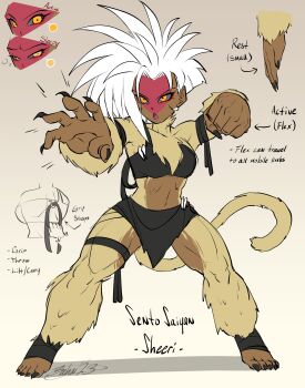 Rule 34 | 1girl, :o, abs, absurdres, bahnloopi, black bra, black nails, body fur, bra, breasts, colored skin, dark-skinned female, dark skin, dragon ball, dragon ball super, dragonball z, english text, fanwork, fighting stance, fingernails, full body, fur, gradient background, headcanon, highres, large breasts, monkey girl, muscular, muscular female, red skin, saiyan, sharp fingernails, signature, simple background, skirt, spiked hair, tail, underwear, white fur, white hair, yellow eyes