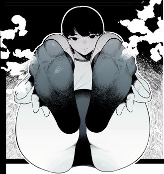 1girl blush buruma closed_mouth eyebrows_hidden_by_hair feet flat_chest foot_focus gym_uniform highres light_smile looking_at_viewer original presenting_foot short_hair sitting smell soles solid_circle_eyes solo sugimoto_takeshi