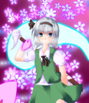 Rule 34 | 1girl, blue eyes, brown necktie, closed mouth, dress, flower, green dress, grey hair, highres, holding, holding sword, holding weapon, konpaku youmu, looking at viewer, necktie, pink background, pink flower, short hair, smile, solo, sword, touhou, weapon, zoirun