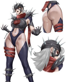 1girl absurdres armpit_cutout ass back_cutout bandaged_head bandages belt black_leotard black_lips black_sclera black_thighhighs carlx945380 claws clothing_cutout colored_sclera contrapposto earrings grey_hair head_spikes highleg highleg_leotard highres jewelry leotard long_hair looking_at_viewer malice_(sue_storm) marvel marvel_rivals multiple_views navel red_belt red_eyes red_scarf revealing_clothes scarf shoulder_spikes spikes strapless sue_storm thigh_belt thigh_strap thighhighs thong thong_leotard tube_top twitter_username white_background