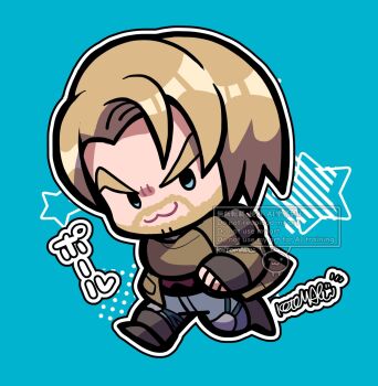 1boy :3 beard blue_background blue_eyes boots brown_coat brown_hair chibi chibi_only coat commentary_request connected_beard facial_hair full_body grey_boots grey_pants highres knee_pads kotorai looking_at_viewer male_focus outline pants paul_phoenix running simple_background solo star_(symbol) tekken translation_request v-shaped_eyebrows white_outline