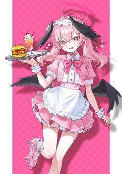 1girl absurdres apron black_wings blue_archive blush breasts burger commentary_request food frilled_skirt frills halo head_wings highres holding holding_tray ice_cream ice_cream_float koharu_(blue_archive) korean_commentary long_hair looking_at_viewer low_wings maid maid_apron open_mouth pink_eyes pink_hair pink_halo pink_shirt pink_shoes pink_skirt roller_skates shirt shoes skates skirt small_breasts solo thighs tray twintails visor_cap wings yamu_(yamu_030)