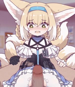 1boy 1girl animal_ears animated arknights blonde_hair blue_hairband blue_skirt blurry blurry_background blush censored closed_mouth erection flying_sweatdrops fox_ears fox_girl fox_tail frilled_skirt frills green_eyes hair_between_eyes hairband hetero imminent_penetration kitsune large_variant_set loli mosaic_censoring multiple_tails nose_blush open_mouth pantyhose penis pleated_skirt rottenduck shirt short_hair short_sleeves skirt suzuran_(arknights) tagme tail torn_clothes torn_pantyhose ugoira variant_set video white_pantyhose white_shirt