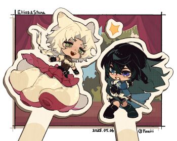 Rule 34 | 2girls, ahoge, animal ears, artist name, black boots, black gloves, blue eyes, blue scarf, boots, border, chibi, clenched teeth, colored inner hair, curtains, dated, dot nose, dress, fingerless gloves, gloves, green eyes, green hair, heterochromia, highres, long sleeves, looking at another, multicolored hair, multiple girls, open mouth, original, outside border, parted bangs, purple eyes, scar, scar across eye, scar on face, scarf, teeth, upper teeth only, white border, white hair, yuuiii