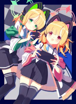 2girls animal_ear_headphones animal_ears black_border black_jacket black_shorts black_skirt black_thighhighs blonde_hair blue_archive blue_necktie blunt_bangs blush border bow cat_ear_headphones cat_ears checkered_floor chromatic_aberration closed_mouth collared_shirt commentary dress_shirt english_commentary eyes_visible_through_hair fake_animal_ears feet_out_of_frame frilled_jacket frilled_skirt frills green_bow green_eyes green_halo hair_bow halo handheld_game_console hatsube headphones highres holding holding_handheld_game_console hood hood_down hooded_jacket jacket legs_together long_sleeves looking_at_viewer low-tied_sidelocks lying medium_hair midori_(blue_archive) miniskirt momoi_(blue_archive) multicolored_jacket multiple_girls necktie nintendo_switch off_shoulder on_back on_side open_mouth outside_border parted_bangs pink_halo pink_jacket playing_games pleated_skirt red_bow red_eyes school_uniform shadow shirt shirt_partially_tucked_in short_shorts shorts siblings sidelocks sisters skirt smile suspender_skirt suspenders thighhighs twins untucked_shirt white_jacket white_shirt wide_sleeves zettai_ryouiki