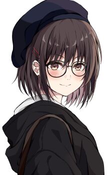 1girl absurdres alternate_costume bag beret bespectacled black_jacket blush brown_eyes brown_hair commentary_request dairyo3 glasses hair_ornament hairclip hat highres hood hooded_jacket jacket kantai_collection looking_at_viewer sendai_(kancolle) short_hair shoulder_bag smile solo two_side_up upper_body white_background