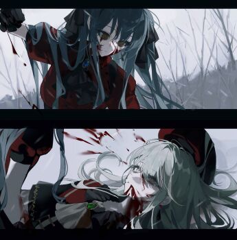 2girls absurdres ascot bang_dream! bang_dream!_it's_mygo!!!!! beret black_ascot black_capelet black_gloves blood blood_on_face blood_splatter blue_hair brooch brown_eyes capelet chinese_commentary closed_mouth commentary_request earrings empty_eyes expressionless gloves green_hair grey_background hair_ribbon hair_spread_out hat highres jewelry long_hair looking_at_another lying mortis_(bang_dream!) mortis_(costume)_(bang_dream!) multiple_girls oblivionis_(bang_dream!) on_back on_ground outdoors punching red_hat red_shirt ribbon shirt sidelocks snow split_screen togawa_sakiko two_side_up violence wakaba_mutsumi yellow_eyes yu_hai_wuguan