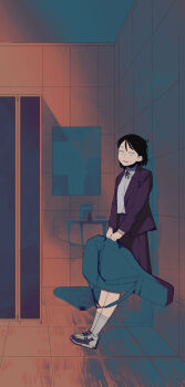 1girl absurdres against_wall black_eyes black_hair collared_shirt commentary dress_shirt faucet full_body futsuu_no_keion-bu guitar guitar_case hatono_chihiro highres holding holding_guitar holding_instrument instrument instrument_case jacket lapels long_sleeves mirror neck_ribbon notched_lapels overflowing purple_jacket purple_skirt public_restroom ribbon shirt shoes short_hair sink skirt small_sweatdrop sneakers socks solo tile_floor tile_wall tiles toilet_stall tsumitobat79121 white_shirt