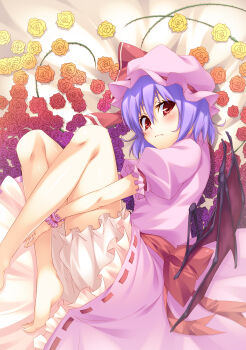 1girl absurdres bare_legs barefoot bloomers bow bz_(pixiv) dress female_focus fetal_position flower hat highres kokonoe_shuu large_bow hugging_own_legs light_purple_hair looking_at_viewer lying on_side plant red_eyes remilia_scarlet rose solo touhou underwear vines wings wrist_cuffs