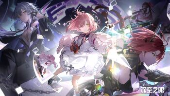 4girls aether_gazer bandaged_leg bandages bandaid bandaid_on_leg black_bodysuit black_collar black_gloves black_pants black_ribbon black_skirt bodysuit braid breasts camera camera_around_neck cardigan character_request chinese_commentary cleavage cleavage_cutout clothing_cutout collar commentary_request crossed_legs dress ear_ornament gauntlets gloves glowing glowing_eyes grey_hair hair_between_eyes half_gloves heterochromia high_ponytail highres holding holding_sword holding_weapon jacket large_breasts long_hair looking_ahead looking_at_viewer low_twintails medium_hair multicolored_hair multiple_girls neck_ribbon odin_(aether_gazer) off-shoulder_jacket off_shoulder official_art official_wallpaper open_cardigan open_clothes open_hand outstretched_arm pants parted_lips picture_frame pink_cardigan pink_hair polaroid_photo ponytail red_eyes red_hair ribbon sideboob sidelocks single_gauntlet sitting skirt skuld_(aether_gazer) streaked_hair sword thigh_strap thor_(aether_gazer) twintails verthandi_(aether_gazer) very_long_hair weapon white_dress white_jacket yellow_eyes