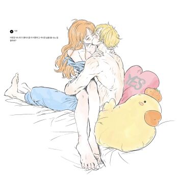 1boy 1girl bite_mark_on_leg blonde_hair blush commentary_request curly_eyebrows full_body highres hug kiss korean_commentary korean_text long_hair nami_(one_piece) one_piece orange_hair pillow sanji_(one_piece) scratches scratching_back short_hair sitting sitting_on_lap sitting_on_person sktkah_7326 spin-spin_(site) topless_male translation_request